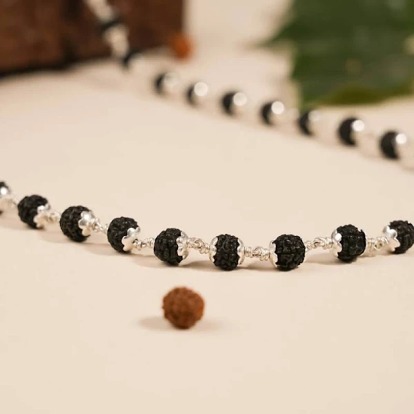 Black Rudraksha Silver Mala